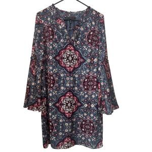 White House Black Market Dress Size M Long Bell Sleeve Medallion Printed Shift